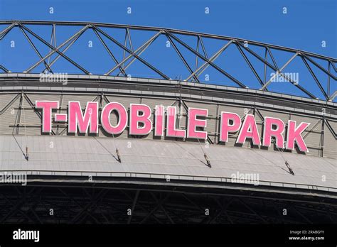 Seattle July 02 2023 Detal Of T Mobile Park Baseball Stadium Sign Seattle July 02 2023 Detal Of T Mobile Park Baseball Stadium Sign